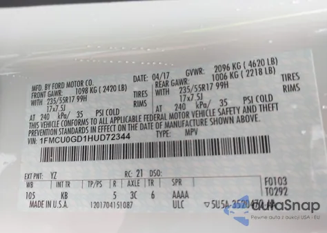 2017 Ford Escape Se from USA, damaged, VIN 1FMCU0GD1HUD72344